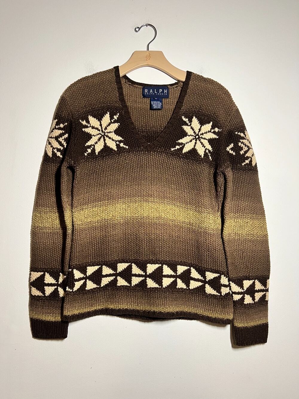 VTG RALPH Ralph Lauren RARE Brown Snowflake Geometric Wool HAND KNIT Sweater L